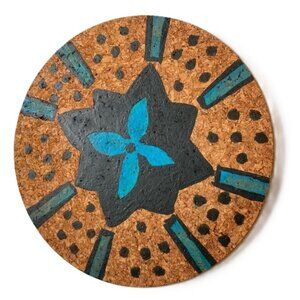 Cork Trivet Boho Bohemian Chic Hand Painted Round 7.5 inch Diameter